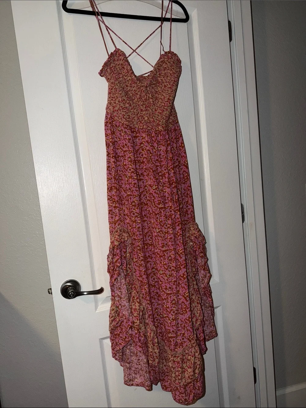 Free People Pink Floral Smocked Maxi Dress with Crisscross Straps